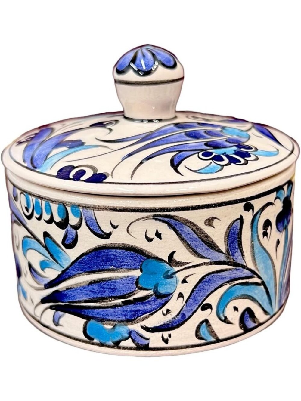 Hand-Painted Turkish Ceramic Sugar Bowl with Lid, Blue Tulip Design, 5 oz. Decor